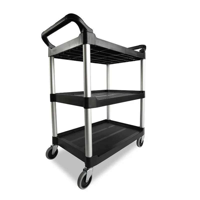 Heavy Duty 3-Shelf Rolling Service/Utility/Push Cart, 200 Lbs. Capacity, Black, for Foodservice/Restaurant/Cleaning/Warehouse