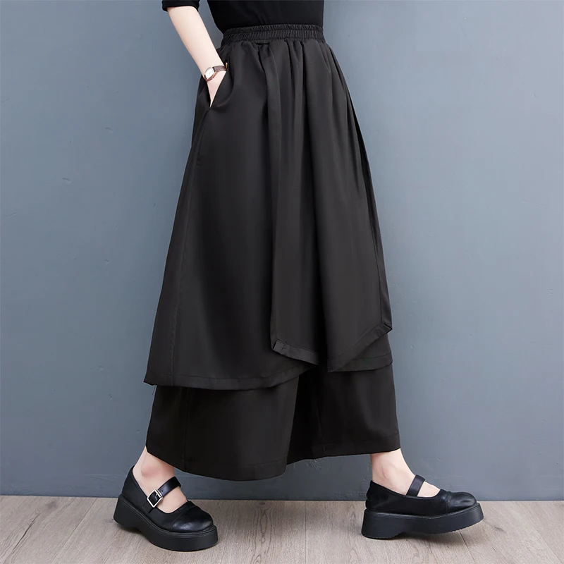 Spring Summer New Style Dark High Waist Wide Leg Pants Skirt Polyester Cotton Mixed Asymmetrical Nine Points Casual Trousers