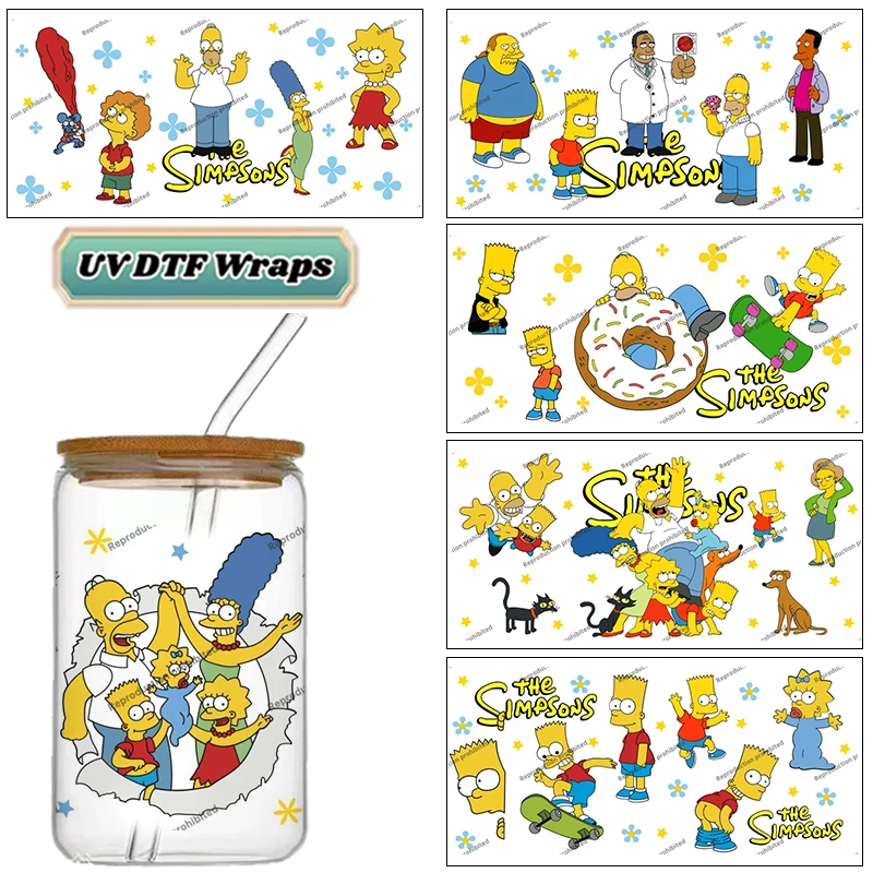 Retro Yellow Family UV DTF Wraps Classic Cartoon Stickers for 16oz Glass Cans Waterproof DIY Transfer Decals