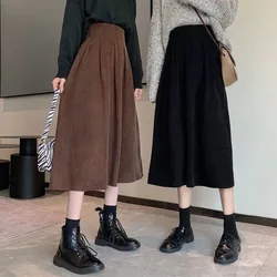 Lucyever Women's Corduroy Midi Skirts Vintage Brown Black High Waist Long Skirts Female 2022 Autumn Korean Fashion A-Line Skirt