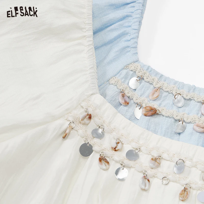 ELFSACK 2025 Summer New Arrivals Square Collar Shirt Shell Bead Bubble Sleeve Top