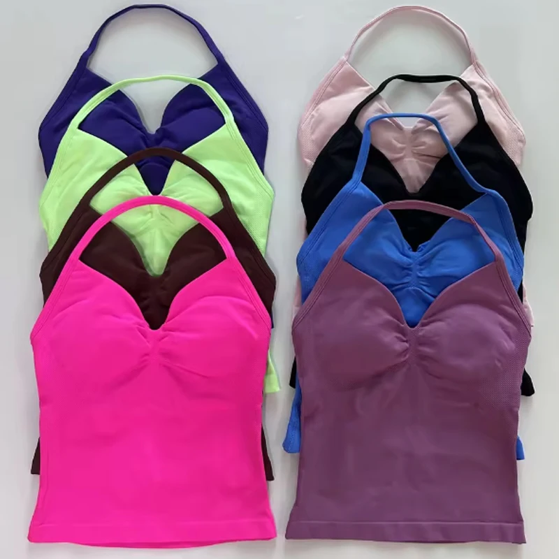 LOGO Women Halter V-Neck Sports Bra Seamless Padded Yoga Bralette Removable Pad Breathable Backless Suspender Tank Top for Gym