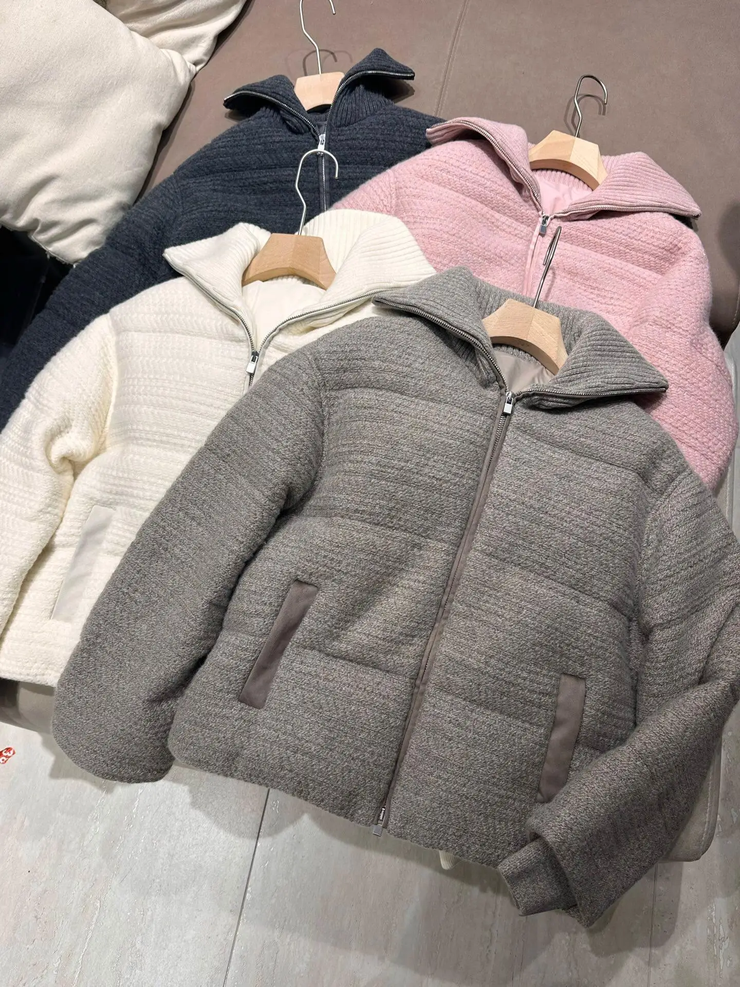 Autumn Winter New Wool Cashmere 90% White Goose Down Jacket Women Short Coat Rib Lapel Loose Warm Outerwear