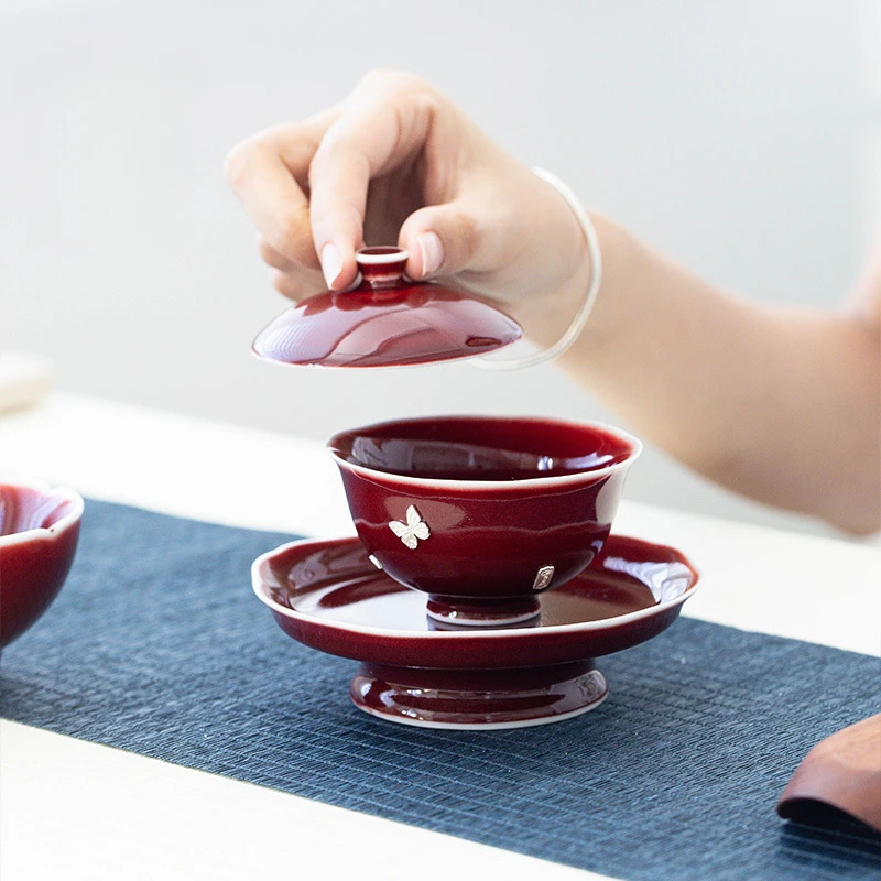 80ml Lang Red Gaiwan Elegant Hand Grasping Bowl Tea Tureen Household Tea Bowl With Lid Kit Tea Maker Cover Bowl Cafes Decoration