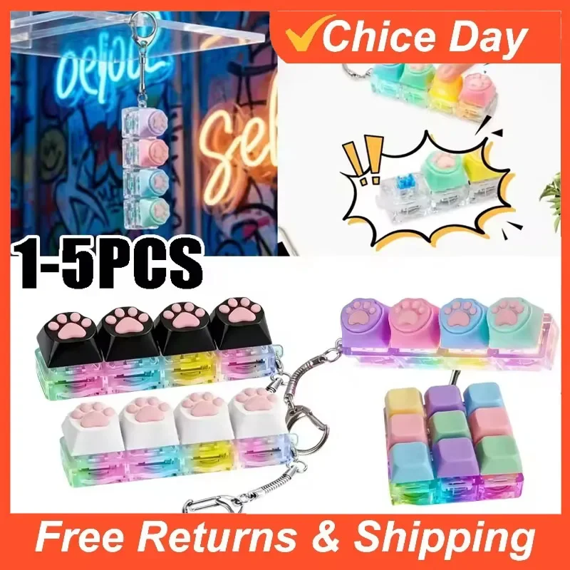 Cute Cat Paw Clicker Keychain LED Light Glowing Fidget Toy Stress Relief Portable Keyboard Style Button Amagi