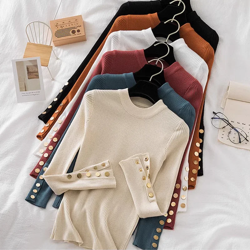 

2023 Autumn Winter Knitted Sweater Women Fashion Casual Pullovers Women Long Sleeve Slim Soft Buttons Knitwears Clothes 28280