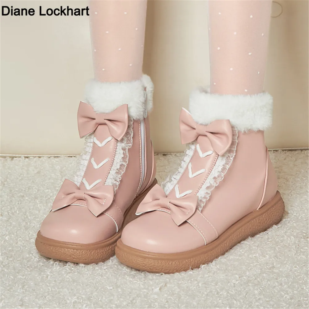 

Faux Fur Winter Lolita Girl's Boots PU Leather Warm Plush Boots Anti-slippery Vintage Fashion Plush Boots For Big Girls 31-43