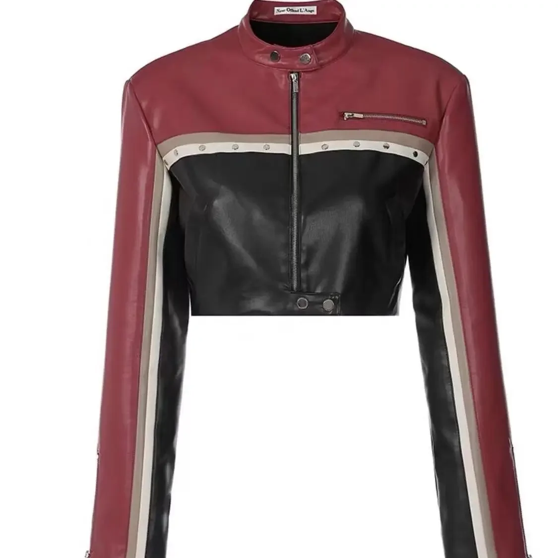 

Girl Wardrobe Is Indispensable Short Slim Locomotive Leather Jacket Contrasting Color and Thin Splicing Design