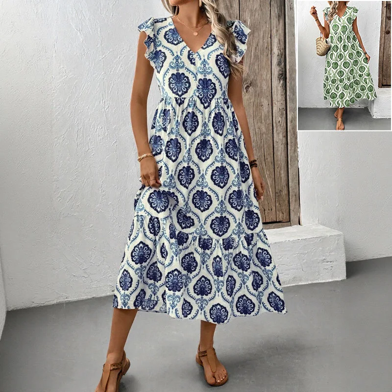 Sommer Neue Französisch Urlaub Stil Lose Tiefem V-ausschnitt Floral Gedruckt Lange Kleid 2025, Frauen Mode Bohemian Kleid Vestidos De Mujer