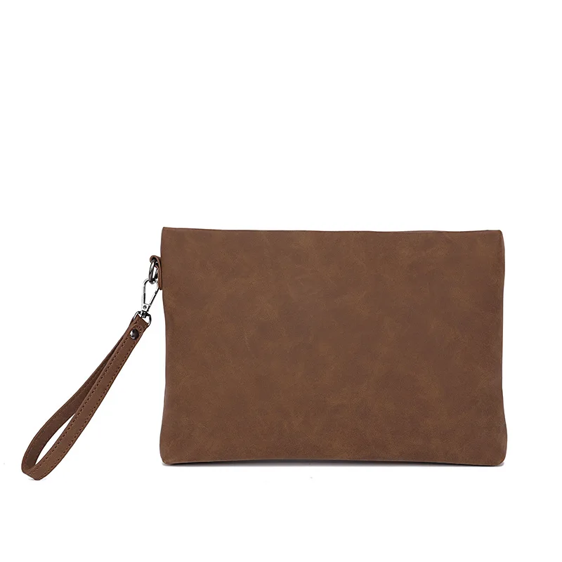 Casual Soft PU Leather Horizontal Square Clutch Bag Coffee Brown Crazy Horse Skin Men's Handheld Bag