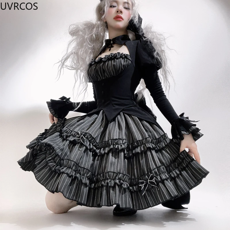 Vintage Gothic Lolita Dress Sets Women Halloween Duke Cosplay Costumes Harajuku Y2k Party Mini Dresses Punk Dark Stripe Dresses