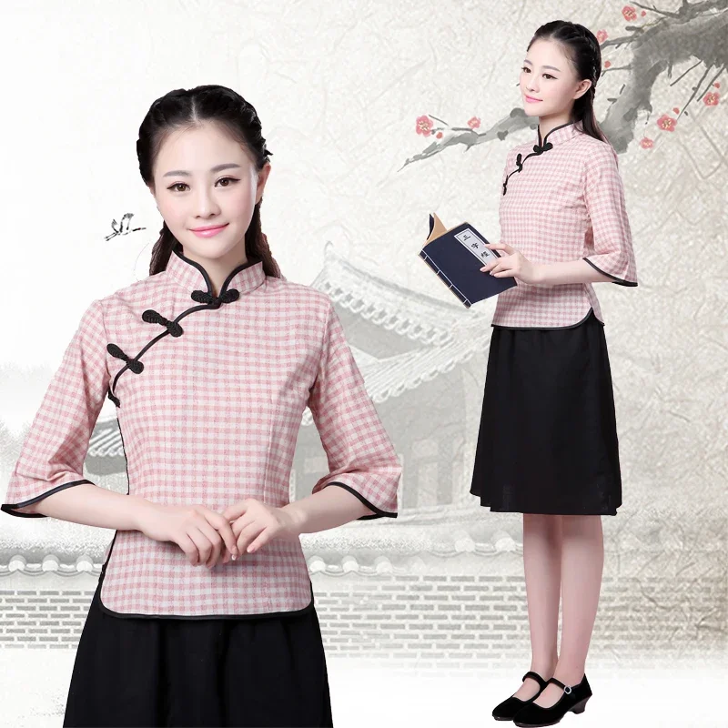 

China Vietnam Ancient Students adult female cotton Linen Made youth Dress Suit winter uniforms graduation Chorus Top + Skirt