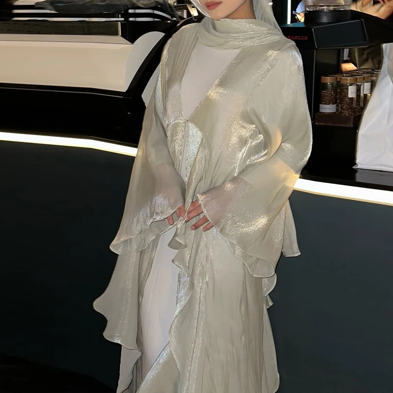 

Весенние сексуальные мусульманские кардиганы с V-образным вырезом 2026: женские повседневные свободные длинные пальто с длинными рукавами, осенние элегантные однотонные куртки для вечеринок с шарфом