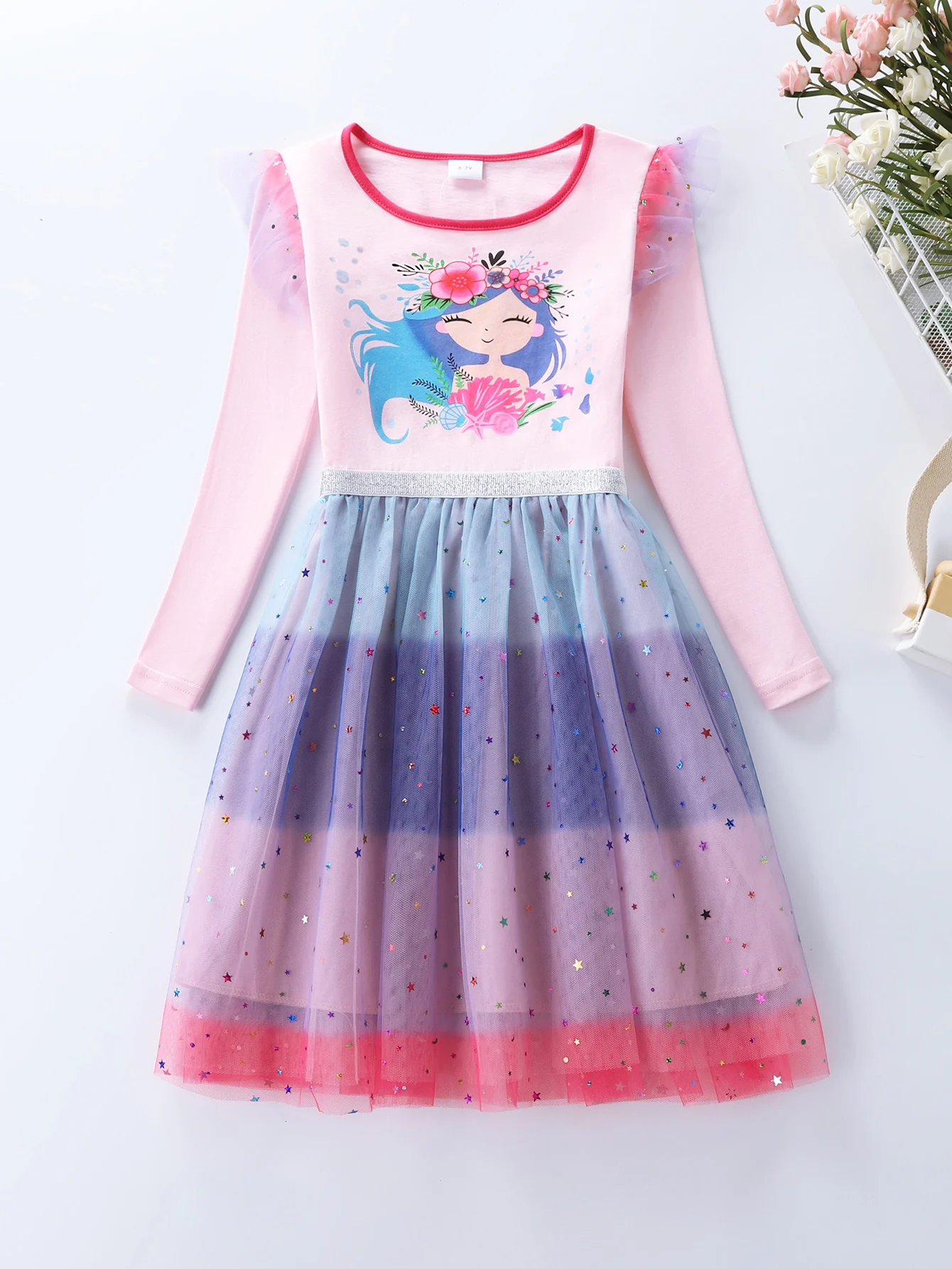 Girls Floral Print Long Sleeve Dress with Star Moon Gradient Embroidery Mesh Paneling And Fairy Wings LH1768