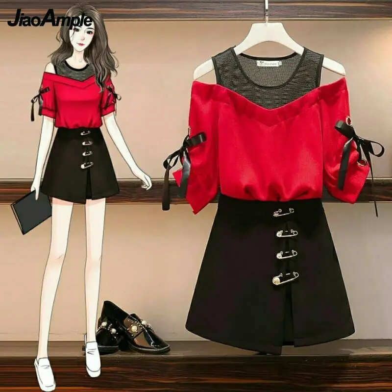 Conjunto elegante coreano de gasa para mujer, blusa informal de dos piezas con cuello descubierto y Falda corta Hakama, novedad de verano 2023
