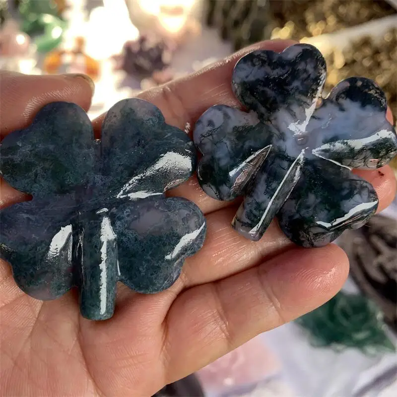 الطحلب الطبيعي العقيق أربع أوراق البرسيم نحت الأحجار الكريمة الريكي أحجار استشفاء محظوظ الحرف غرفة مكتب تمثال للتزيين هدية 2 قطعة