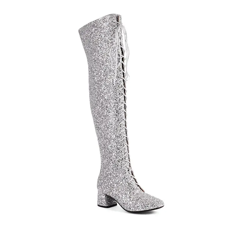 Shiny Bling Bling Glitter Silver Gold Red Lace-up Women Overknees Round Toe Chunky Heels Party Wedding Over-the-knee Long Boots