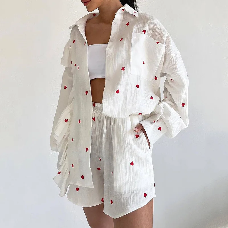 Cotton Pajamas Linen Love Print Shorts Suit Female Fashion Single Breasted Lapel Shirts Top 2 Pieces Set Elastic Waist Pant Sets