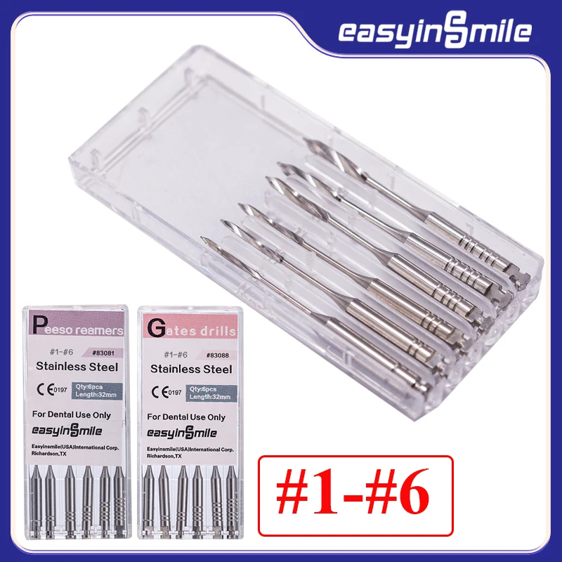 6Pcs Dental Endodontic Kits Glidden Gates Peeso Reamers Drills Rotary Files 32mm #1-#6 for Root Canal Easyinsmile Dentist Tools