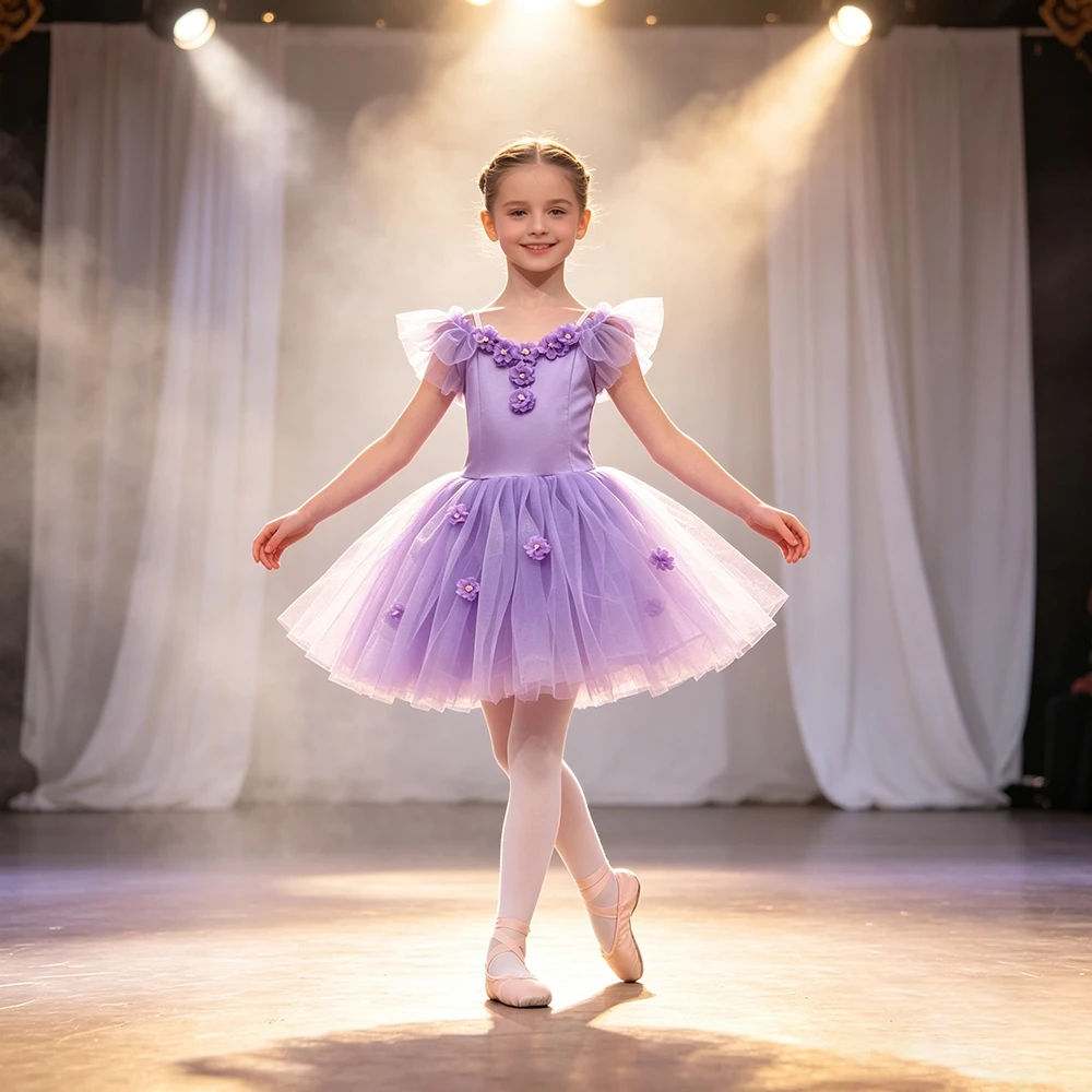 Vestido de tutú de ballet morado para niñas, con flores 3D, de tul, sin hombros, para espectáculos de escenario, disfraz de bailarina, vestido de fiesta.