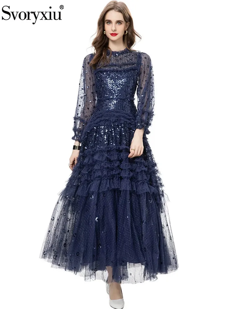 

Svoryxiu Fashion Designer Autumn Dark Blue Gorgeous Big Swing Dress Women's Sequins Net Yarn High Waist Cascading Flounces Dress