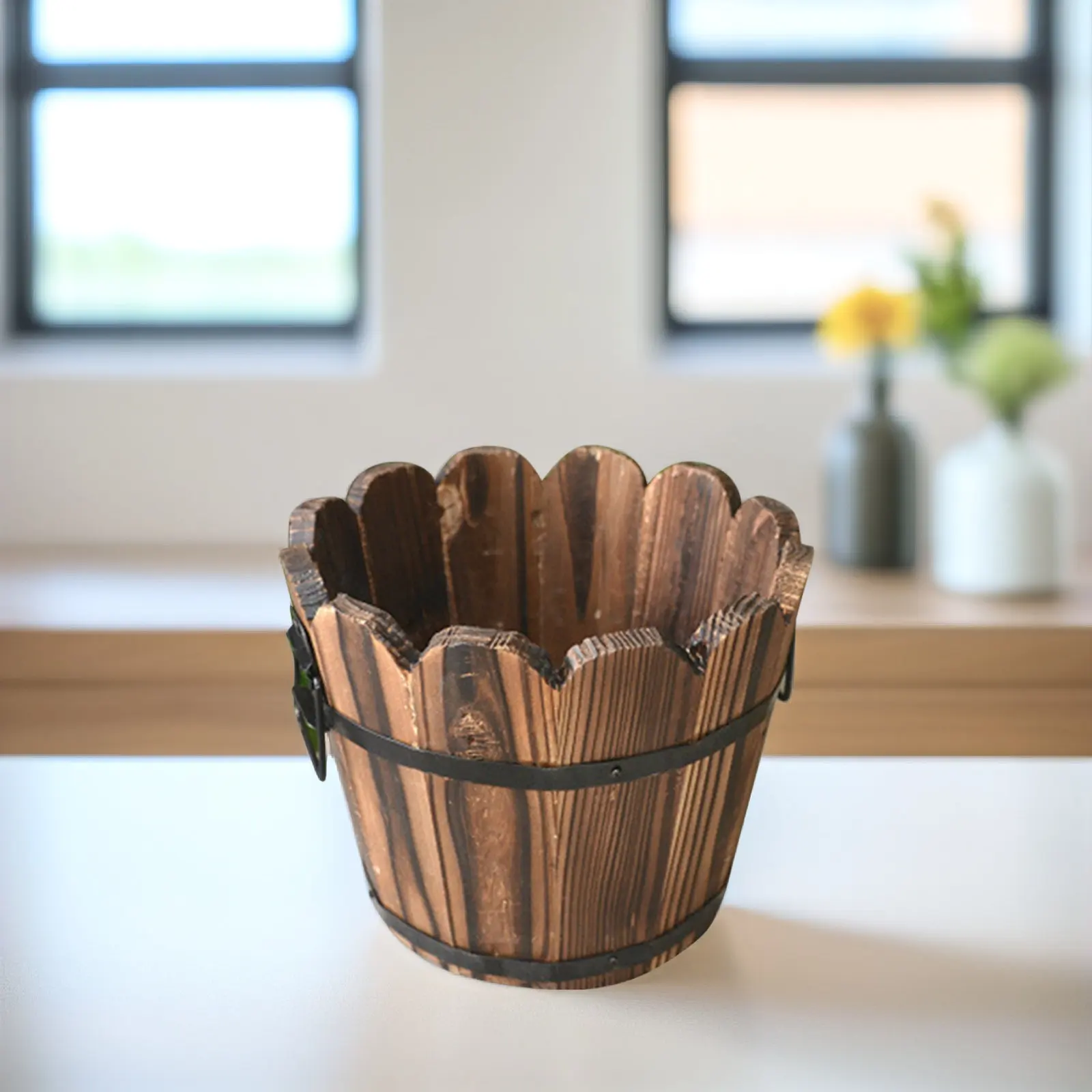 Small Solid Wood Carbonized Flower Pot for Air Plants Succulents Mini Cacti Desktop Wall Decor Home Office Decoration Natural