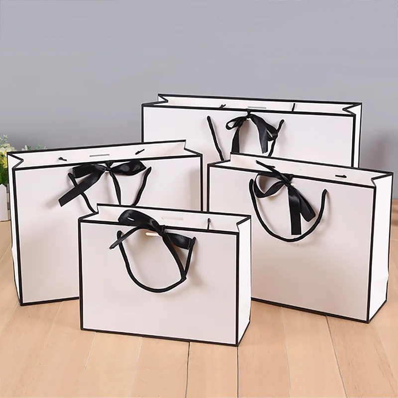 White Gift Packaging Bag With Black Bow Ribbon Home Shopping Bag Wedding Party Gift Wrapping Box Clothes Shoes Tote Handbag