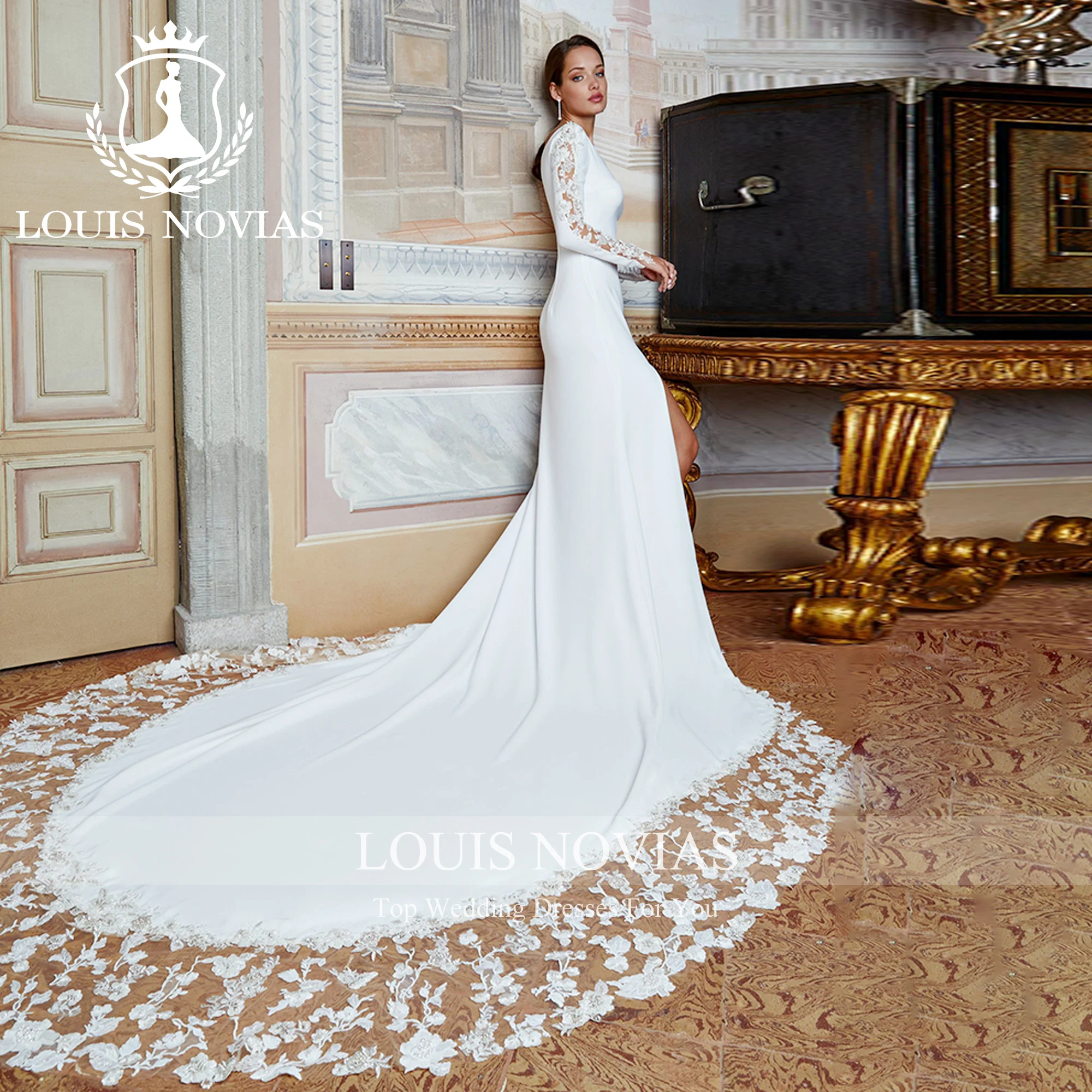 LOUIS NOVIAS Long Sleeve Mermaid Wedding Dress 2023 Modern Boat Neck Appliques Thigh Split Satin Wedding Gown Vestidos De Novia