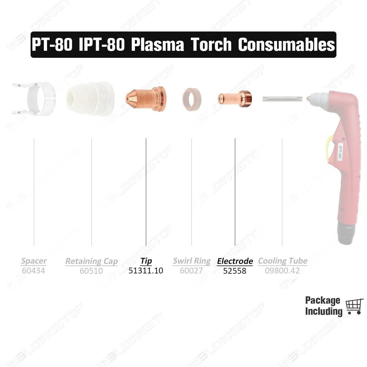 PT-80 PT80 Pt 80 PTM80 PTM-80 IPT-80 Plasma Elektrode 52558 Tip Nozzle 51311 Voor Plasma Cutter Torch Verbruiksartikelen Pkg/20