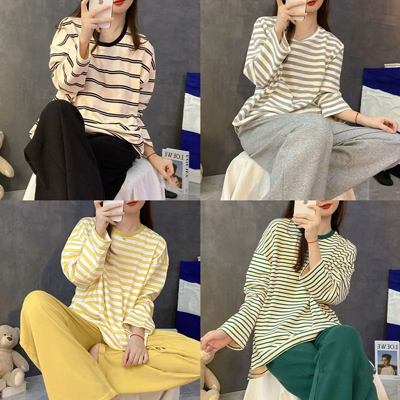 2PCS/Set Women Fall Striped Print Loungewear Set Long Sleeve Top Wide Leg Pants Loose Casual Home Sleepwear Outfit