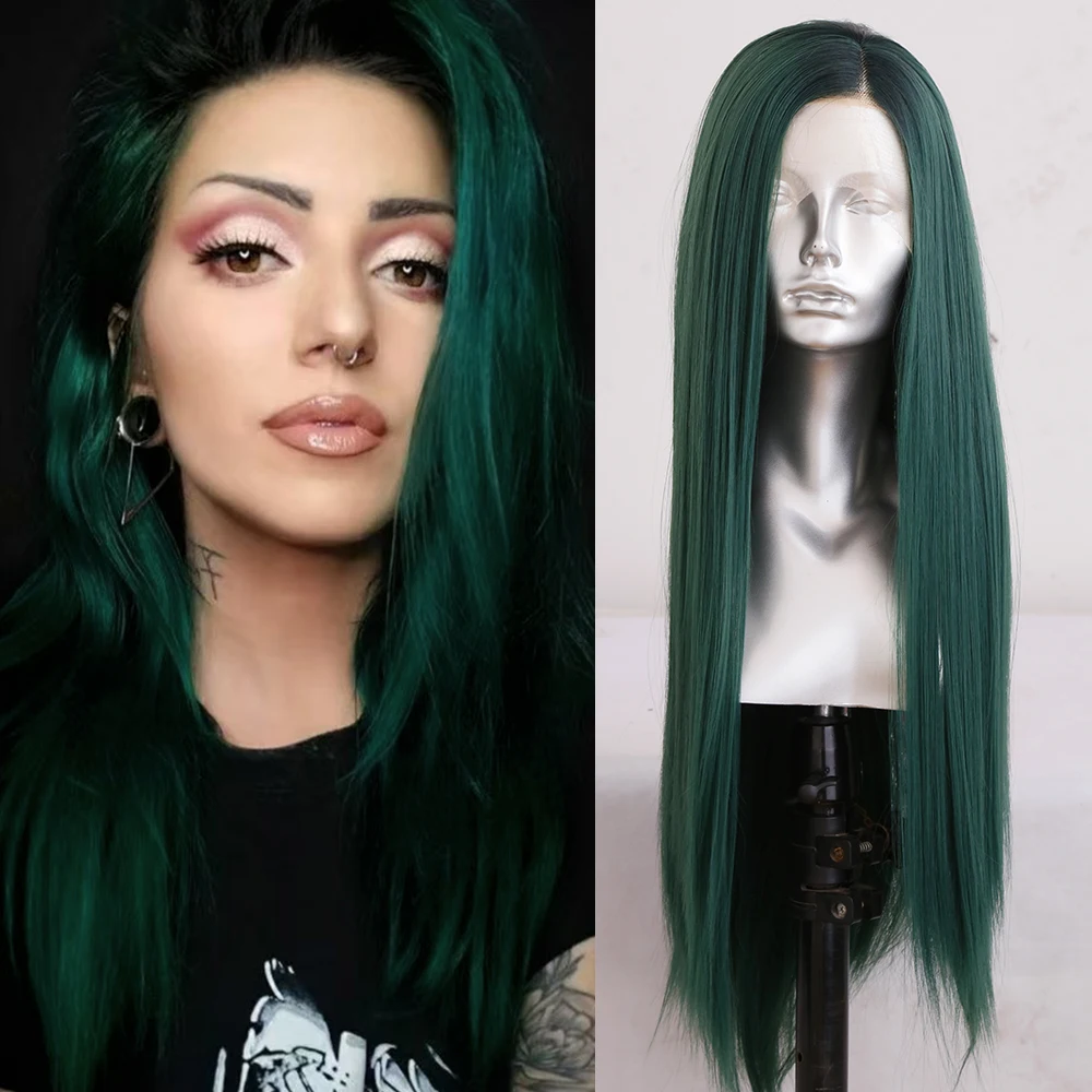 

Темно-зеленый синтетический парик, шелковая прямая боковая часть, бесклеевой парик спереди, естественная линия волос, теплое волокно, зеленые волосы для косплея