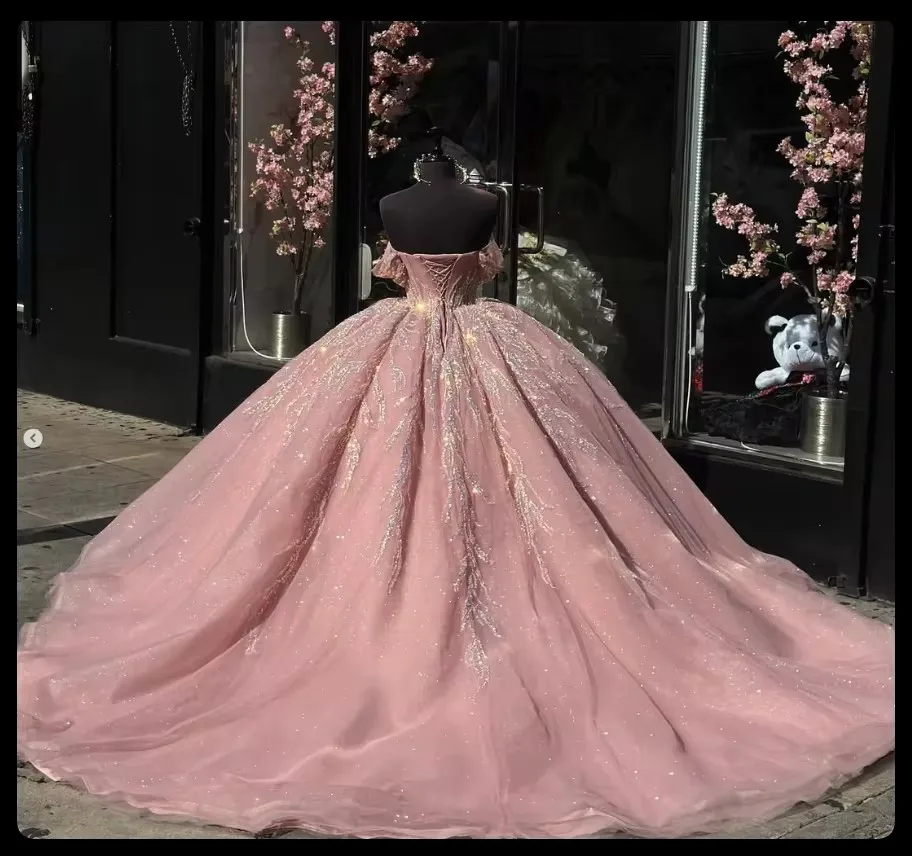 BOMARIS الوردي الأميرة الكرة ثوب فساتين Quinceanera Vestidos De 15 Anos XV التألق الدانتيل ذيل محكمة حفلة عيد ميلاد مخصصة #2
