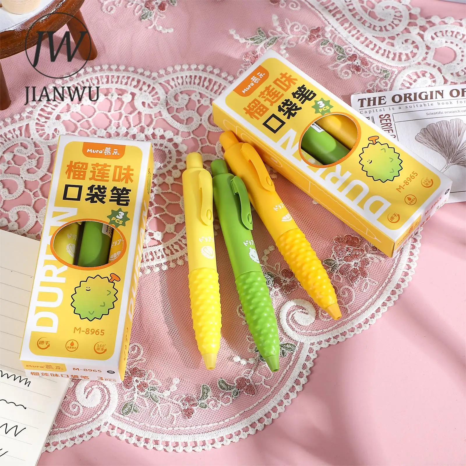 JIANWU 3 Pcs/set Kawaii Durian Flavor Pocket Gel Pen Set 0.5mm Black Write Smoothly Creative DIY Student Supplies Stationery