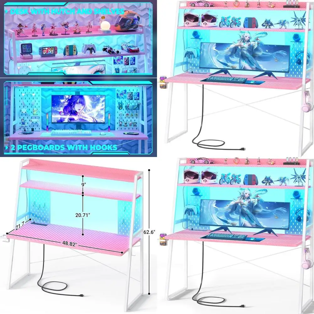 Escritorio para juegos rosa de fibra de carbono con iluminación LED con almacenamiento, aparador y tomas de corriente para 49 piezas en el dormitorio