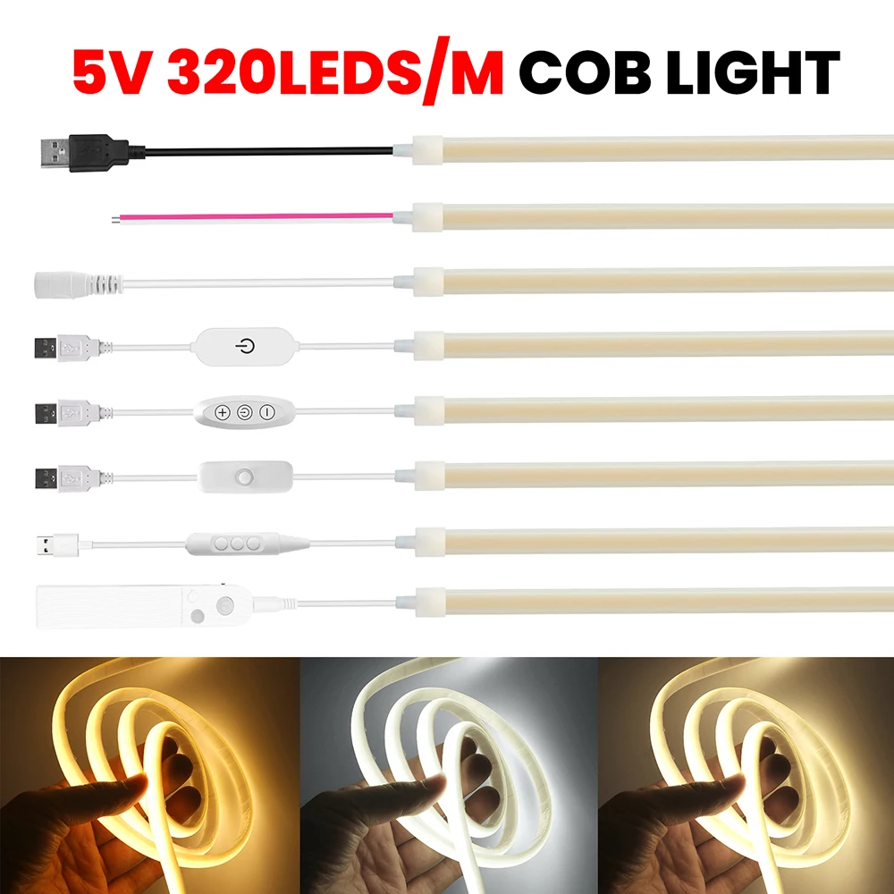 5V LED COB Flexible Neon Light Bar 320 Leds PIR Auto Sensor Switch Dimmer USB Battery Power Warm Natural White Mirror Lighting