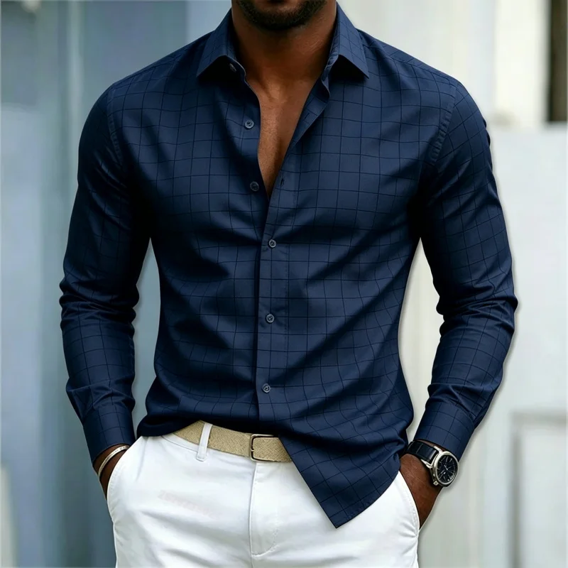 Men's shirt plaid long sleeved shirt solid color plaid slim fit shirt business casual personalized street style men's clothing