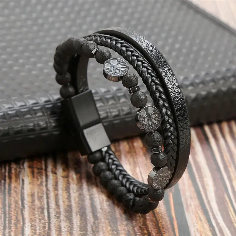 19/21/23Cm Handgeweven Lederen Armband Van Hoge Kwaliteit Meerlagige Tijgeroog Kralen Leren Mannen Armband Punk Armband Voor Mannen Sieraden