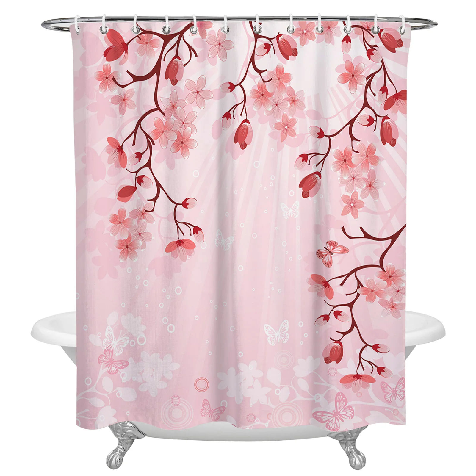 Butterfly Flower Branch Petal Pink Waterproof Shower Curtain Bathroom Fabric Polyester Shower Curtains Bath Decor Curtain