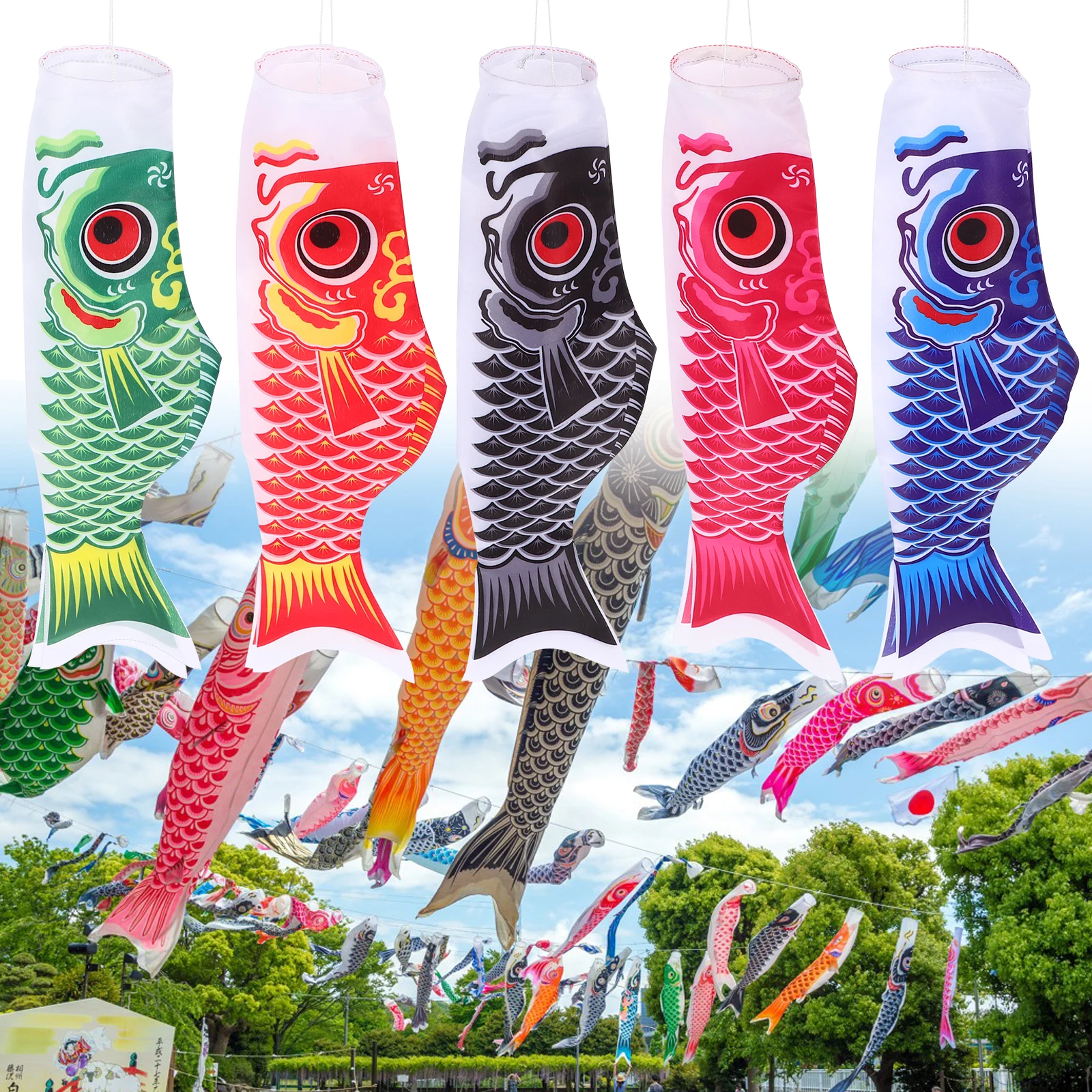 

5pcs Japanese Style Carp Sturdy Satin Flags For Outdoor Garden Decoration Gentle Wind Hanging Fish Flags Multi-Purpose Fish Flag