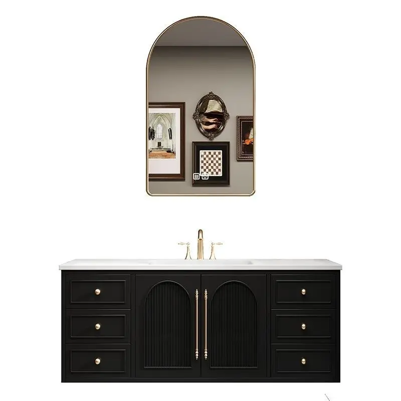French retro bathroom cabinet, washstand, rock slab hot bending integrated basin
