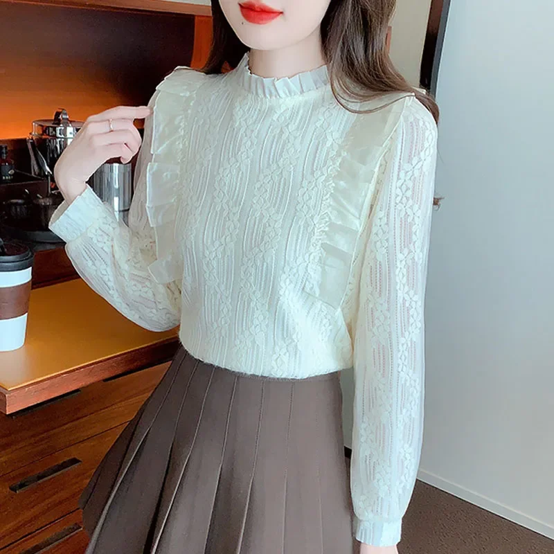 New Long Sleeve Ruffled Women Shirt Lace Adding Velvet Thickening Shirt Blouse Women Tops Blouses Shirts Blusas Para Mujer M592