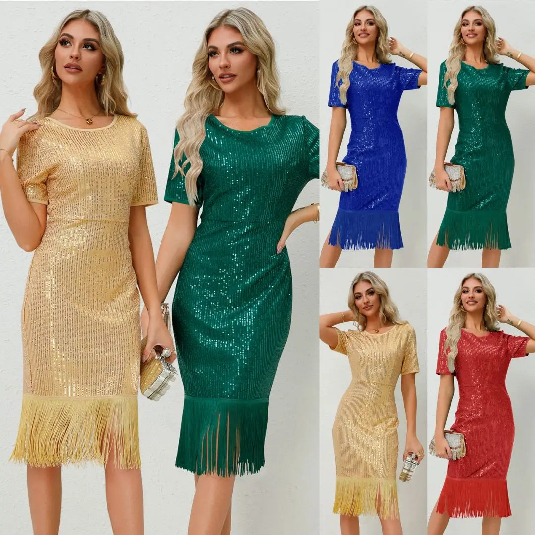 

2024 Summer New ins Fashion Sexy Women's Vintage Sequins Tassel Dresses Sexy Party Long Gowns Style Evening Night-Club Dresses