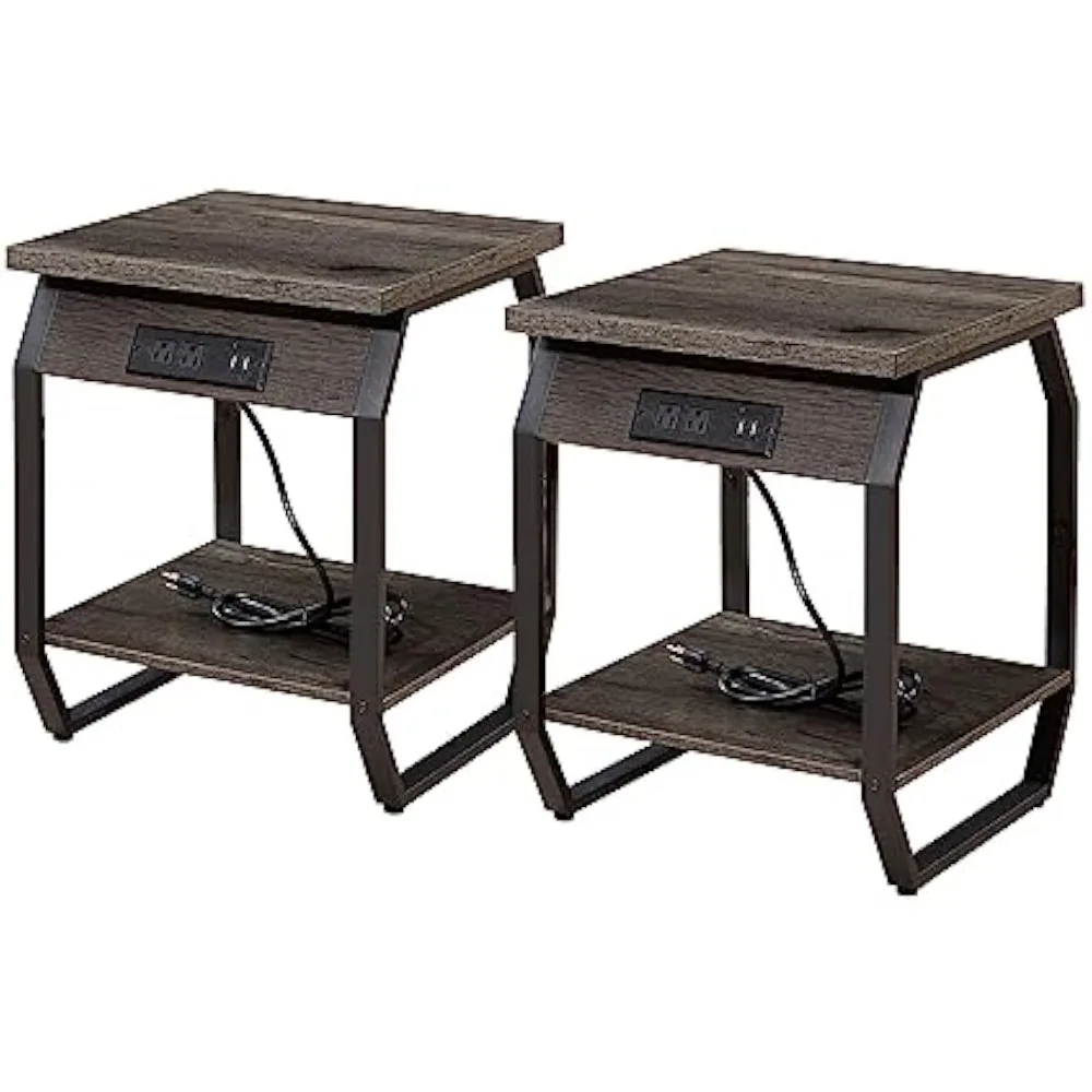 

Set of 2 End Tables with USB Ports and Sockets, with Charging Station, Bedside Tables in Living Room, Bedroom, Dark Grey,