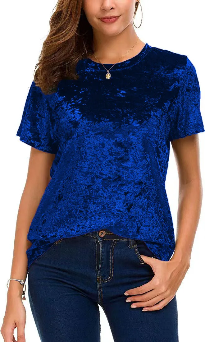 Damen-T-Shirt aus Crushed-Samt in Übergröße, kurzärmelig, Rundhalsausschnitt, lässiges, lockeres Oberteil – Detail 5
