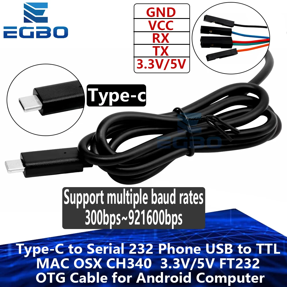 Cable adaptador tipo C RS232/serial con funcionalidad USB a TTL, salida de voltaje dual de 3,3 V/5 V, Compatible con MAC OSX para Android