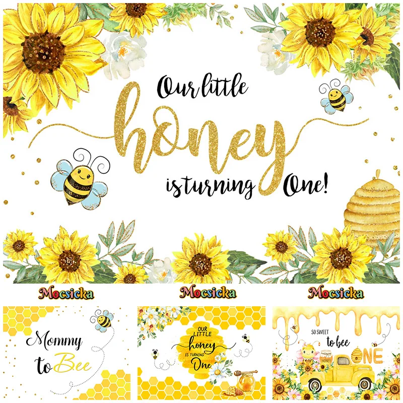 

Mocsicka Baby Show Photography Backdrop Happy Birthday Party Floral Honey Background Studio Props Customizable Banner Props