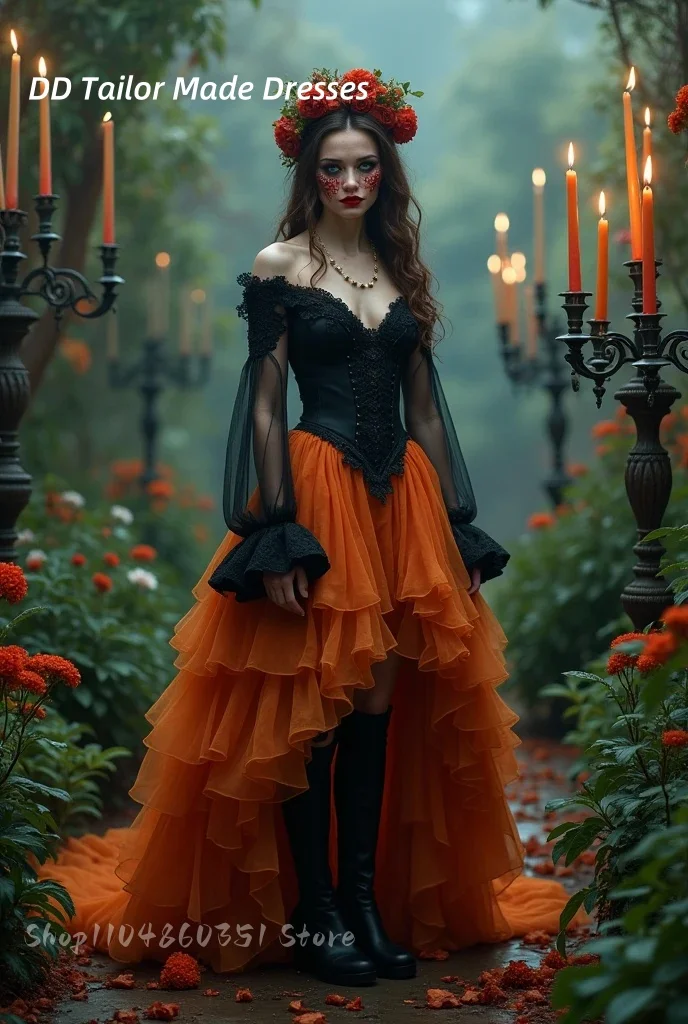 Abito da ballo alto basso con corsetto Steampunk con spalle scoperte maniche lunghe A-Line nero arancione rosso abito da ballo vintage a strati personalizzato