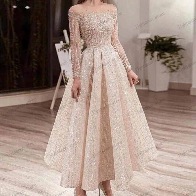 Vestidos De Noche brillantes, vestido De graduación De corte en A, mangas completas, largo hasta el té, apliques De lentejuelas, Vestidos De cóctel De Gala personalizados