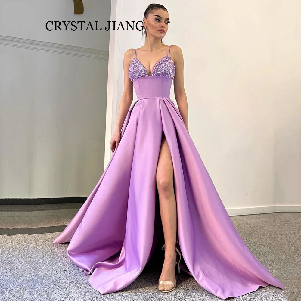 

Sexy Long Purple Spaghetti Straps Beaded Satin Prom Dresses Sleeveless with Slit A Line Sweep Train Vestido Festa