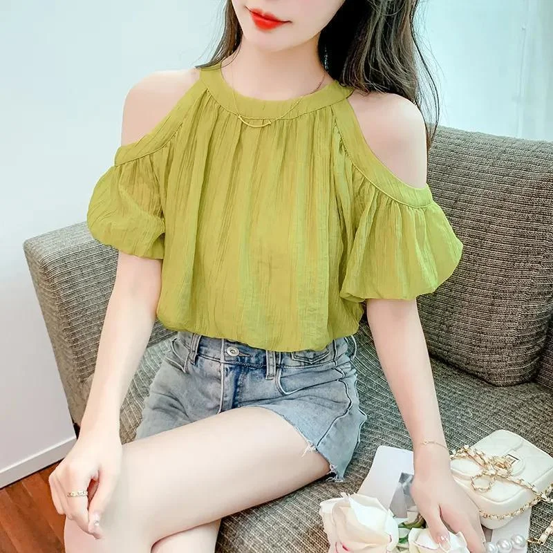 

Women's O-Neck Solid Print Tops Female Fresh Short Sleeves Chiffon Shirt Blouses Ladies Elegant Work Wear Chiffon Shirts Q451